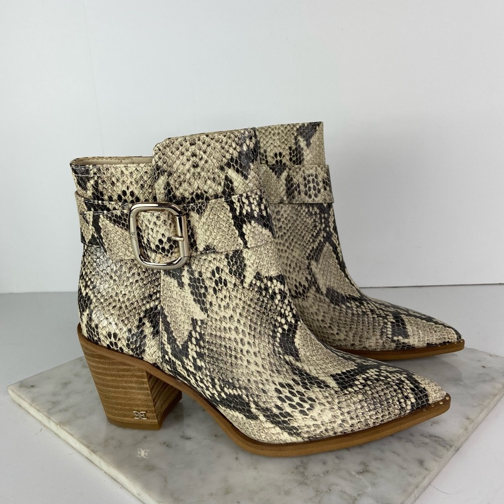 New Sam Edelman Leonia Ankle Boots Tan Leather Snakeskin Buckle Size 6.5